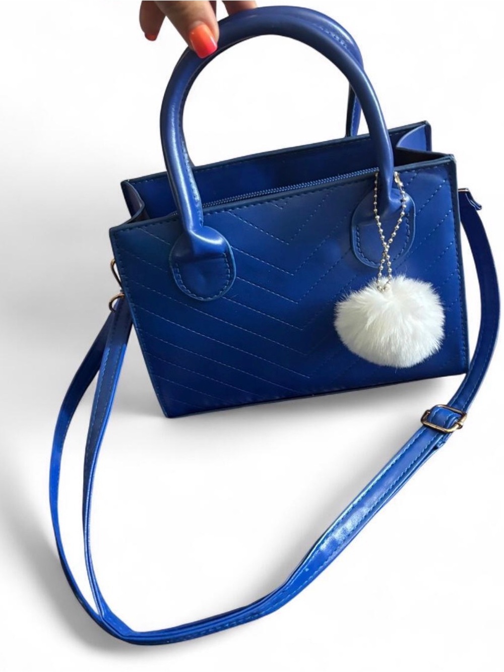 Blue Women's Small Tote Bag with Pom Pom - Picture 4 of 4